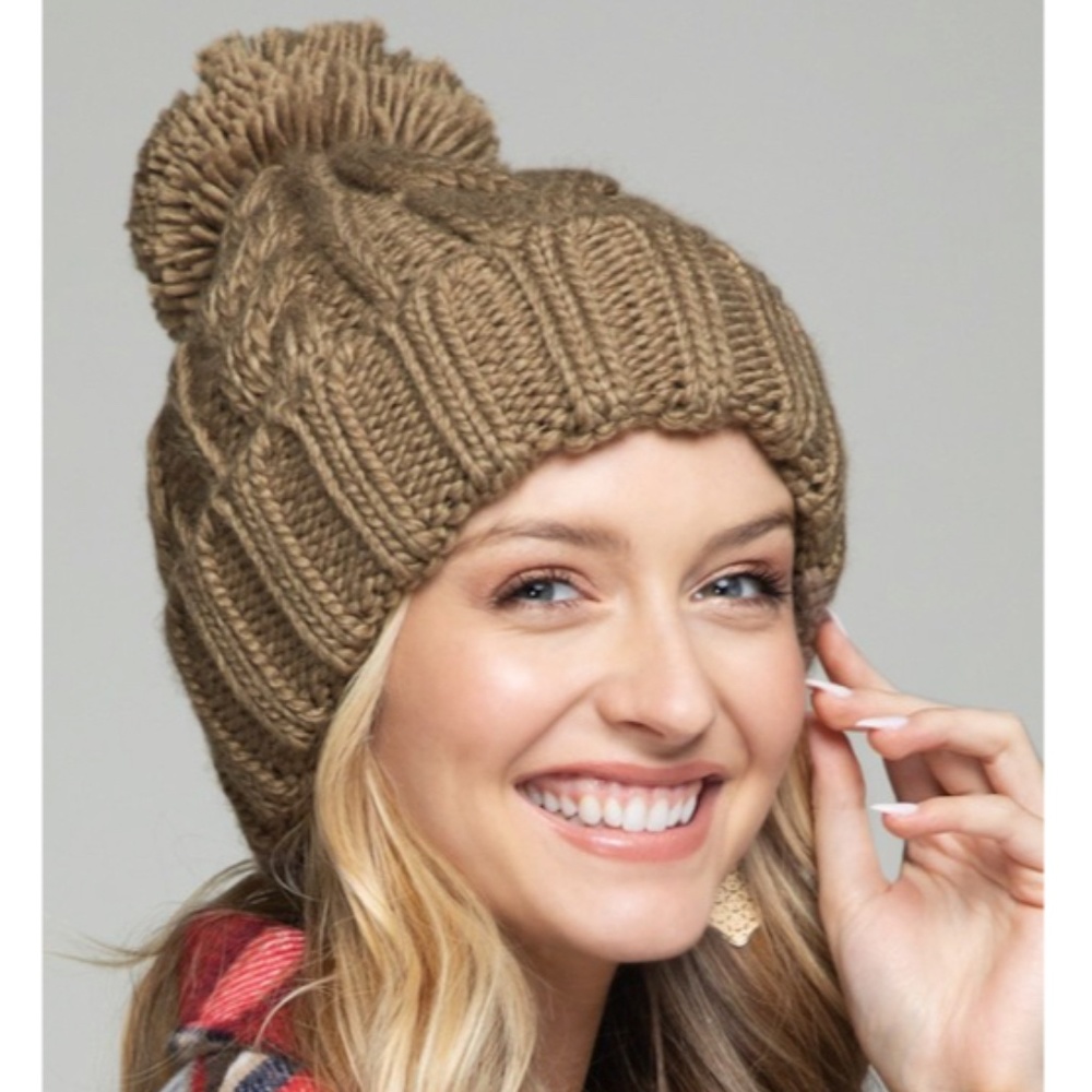 SOLD OUT Taupe Solid Cable Knit Basic Pompom Beanie Women's Winter Hat - Picture 1 of 4